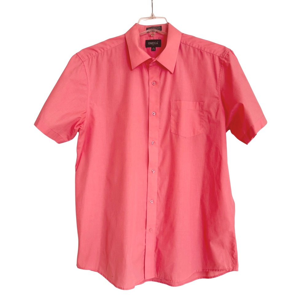 Omega Italy Mens XL Coral Pink Short Sleeve Button Down Shirt‎ Cotton Blend XL